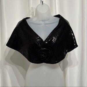 Ilana Black Sequence Shaw With Rosette One Size NWT